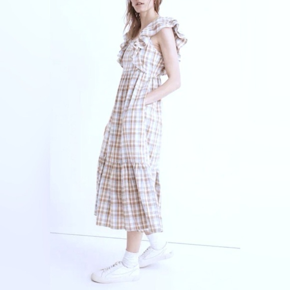 Madewell 10 Medium M Plaid Ruffle Sleeved Tiered Midi Dress Blue Tan Sundress